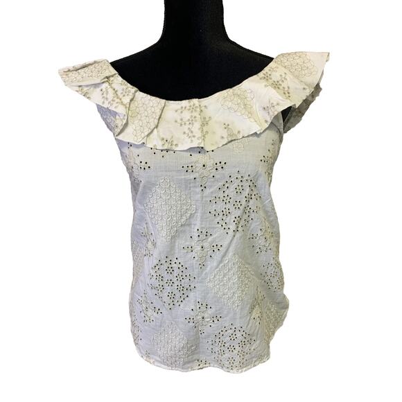 Weston Wear Anthropologie Blouse Womens Small White Eyelet Boho Cotton RuffleTop - Picture 3 of 8